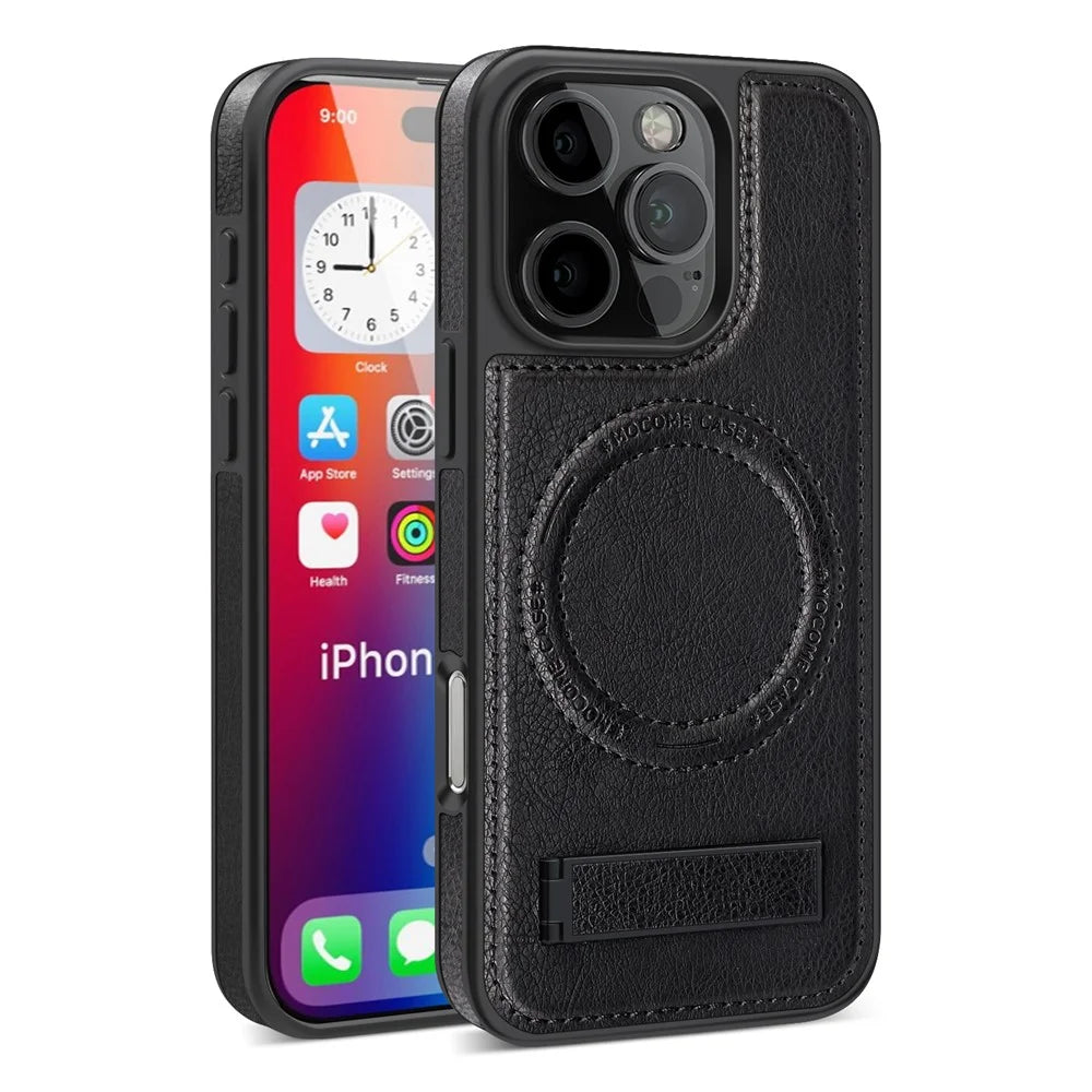 For iPhone 16 Pro Max Case Compatible with MagSafe with Folded Kickstand PC Silicone Leather Phone Back Cover  - Black - 2