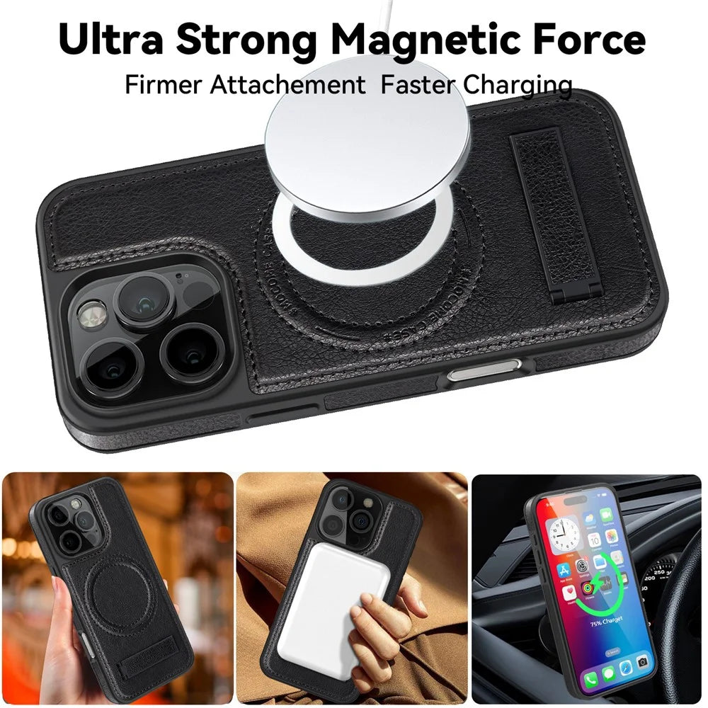 For iPhone 16 Pro Max Case Compatible with MagSafe with Folded Kickstand PC Silicone Leather Phone Back Cover  - Black - 3