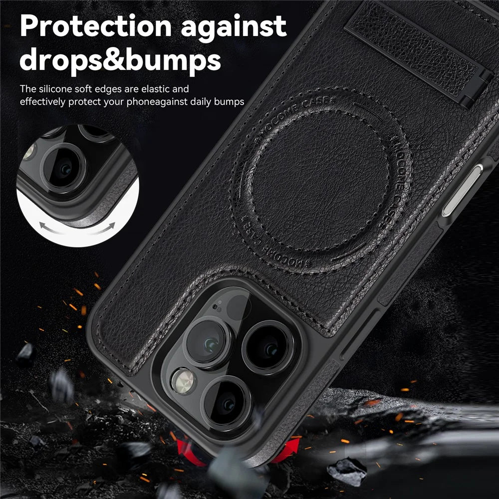 For iPhone 16 Pro Max Case Compatible with MagSafe with Folded Kickstand PC Silicone Leather Phone Back Cover  - Black - 4
