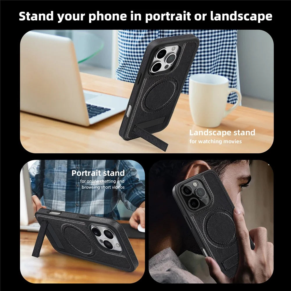 For iPhone 16 Pro Max Case Compatible with MagSafe with Folded Kickstand PC Silicone Leather Phone Back Cover  - Black - 6