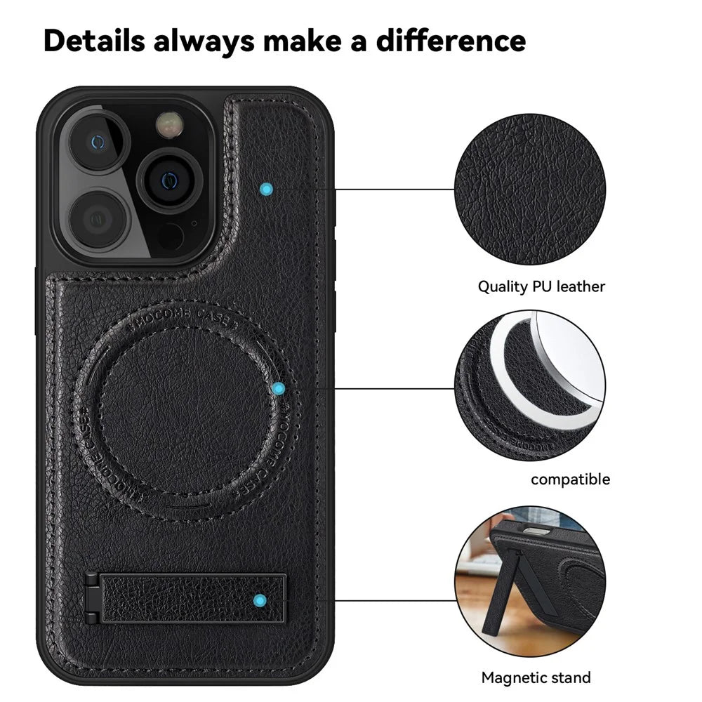 For iPhone 16 Pro Max Case Compatible with MagSafe with Folded Kickstand PC Silicone Leather Phone Back Cover  - Black - 7