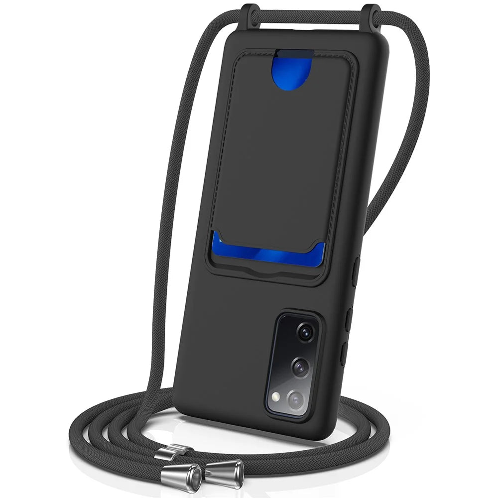 For Samsung Galaxy S20 FE Case Liquid Silicone Card Holder Phone Back Cover with Lanyard - Black - 1
