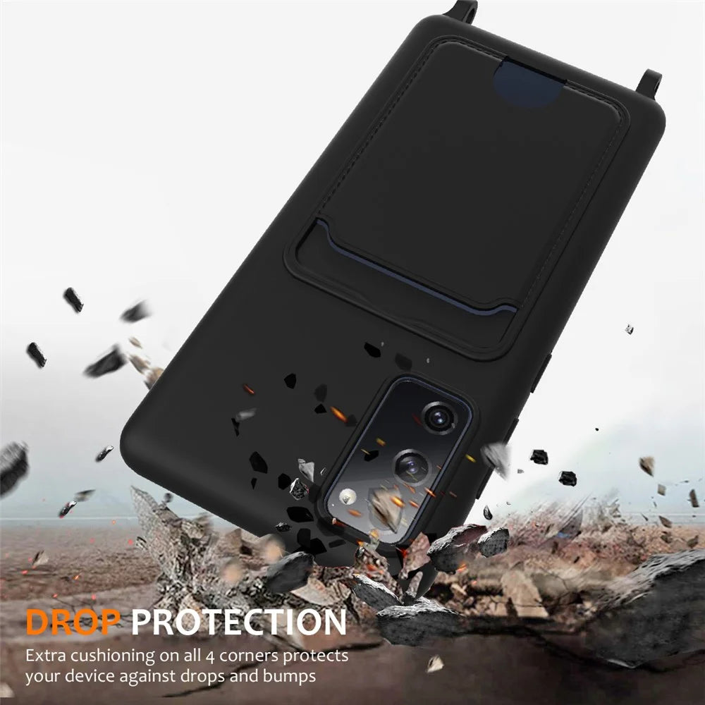 For Samsung Galaxy S20 FE Case Liquid Silicone Card Holder Phone Back Cover with Lanyard - Black - 3