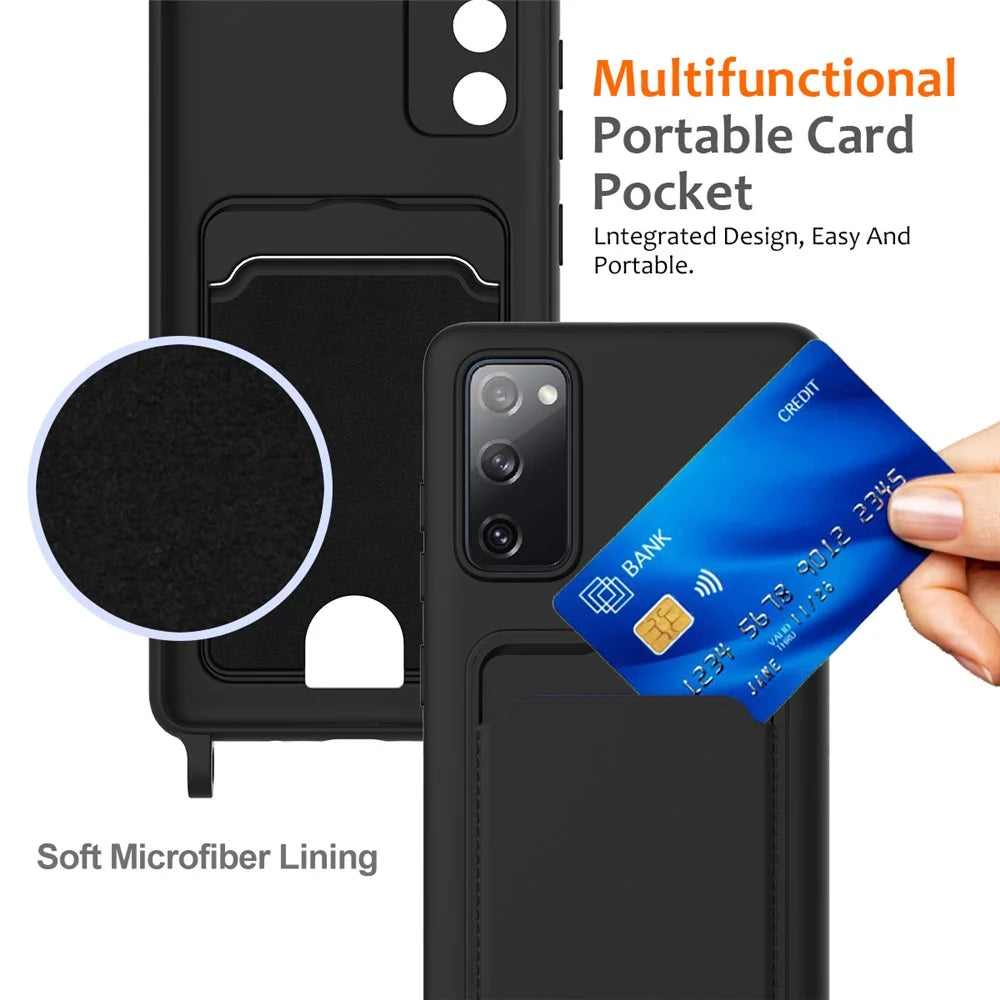 For Samsung Galaxy S20 FE Case Liquid Silicone Card Holder Phone Back Cover with Lanyard - Black - 5