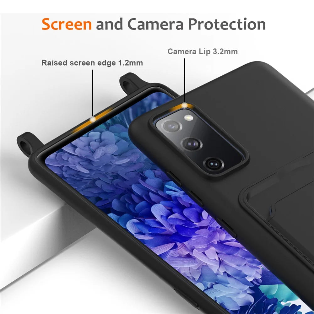 For Samsung Galaxy S20 FE Case Liquid Silicone Card Holder Phone Back Cover with Lanyard - Black - 6