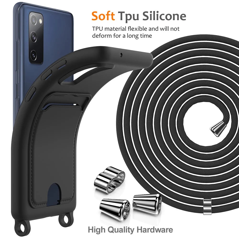 For Samsung Galaxy S20 FE Case Liquid Silicone Card Holder Phone Back Cover with Lanyard - Black - 7