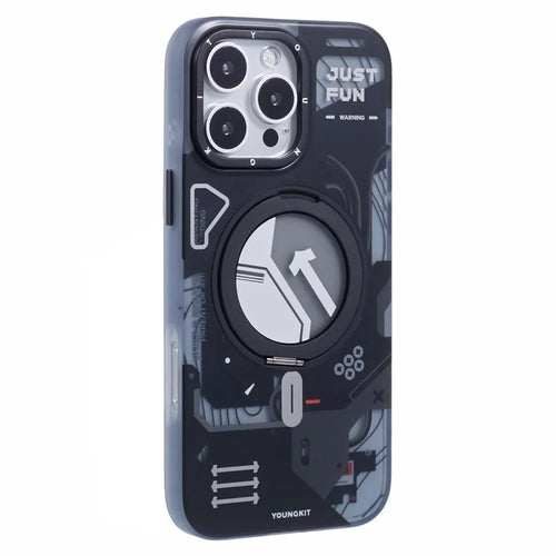 YOUNGKIT for iPhone 16 Pro Magnetic Case Rotating Kickstand IMD TPU Phone Cover - Black - 1