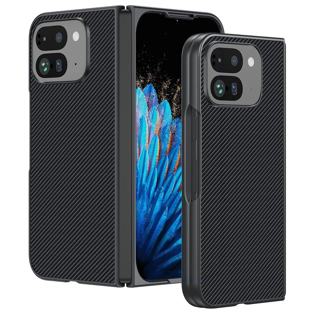 For Google Pixel 9 Pro Fold 5G Case Carbon Fiber Texture Leather+PC Anti-Drop Folding Phone Cover - Black - 1