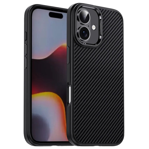 IPAKY For iPhone 16 Plus TPU Case Carbon Fiber Texture Phone Cover Metal Lens Frame - Black - 1