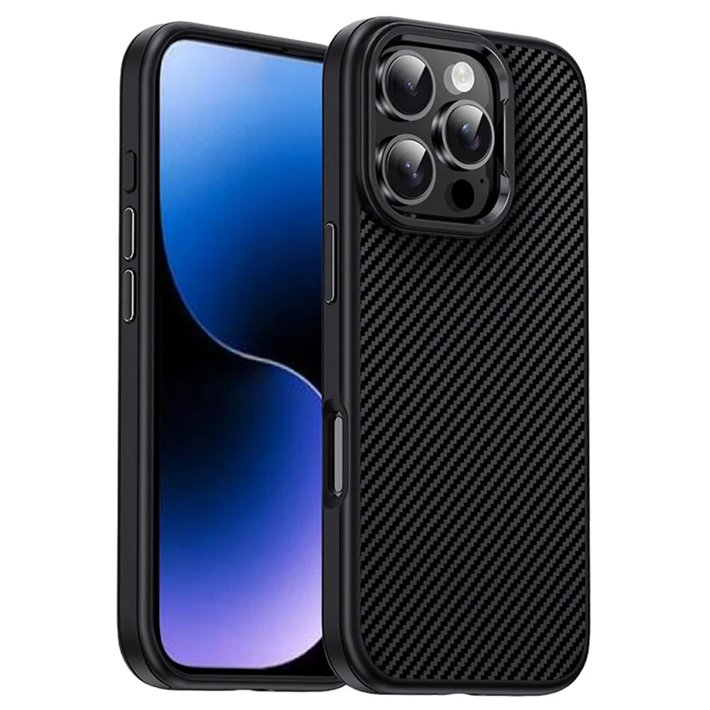 IPAKY For iPhone 16 Pro Max TPU Case Carbon Fiber Texture Phone Cover Metal Lens Frame - Black - 1