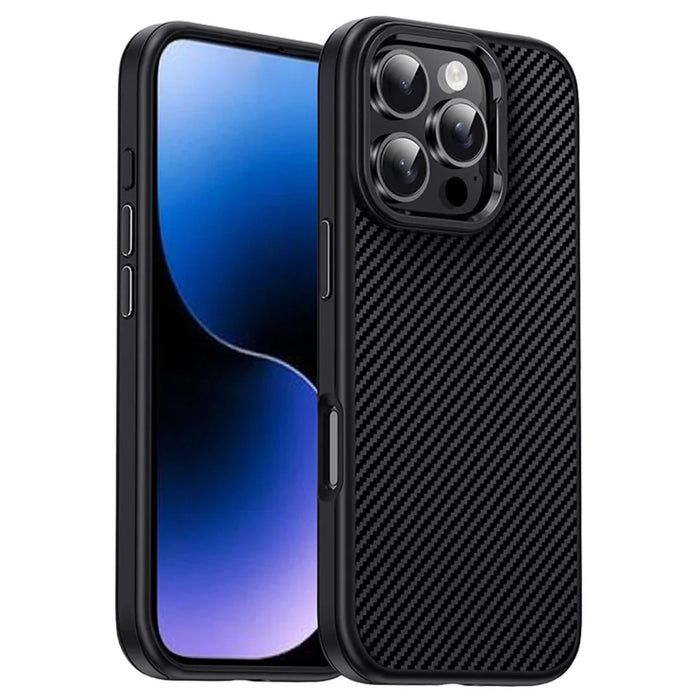 IPAKY For iPhone 16 Pro Max TPU Case Carbon Fiber Texture Phone Cover Metal Lens Frame - Black - 1