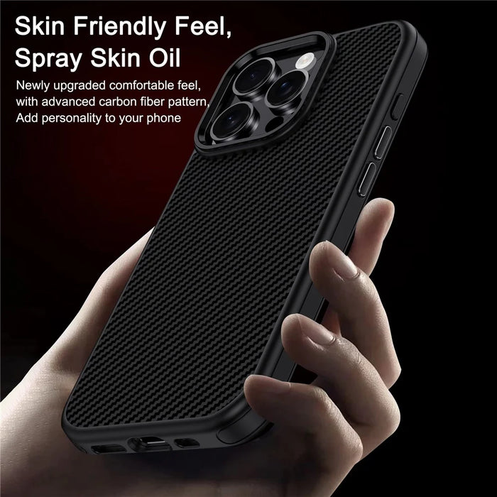 IPAKY For iPhone 16 Pro Max TPU Case Carbon Fiber Texture Phone Cover Metal Lens Frame - Black - 5