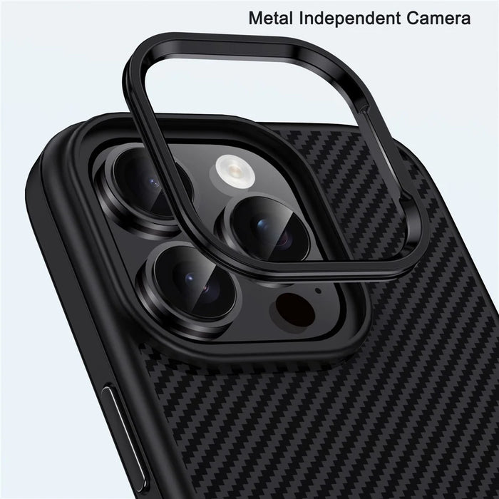IPAKY For iPhone 16 Pro Max TPU Case Carbon Fiber Texture Phone Cover Metal Lens Frame - Black - 7