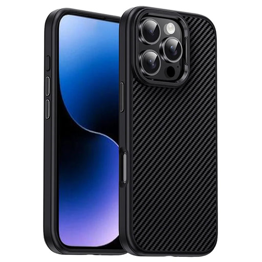 IPAKY For iPhone 16 Pro TPU Case Carbon Fiber Texture Phone Cover Metal Lens Frame - Black - 1