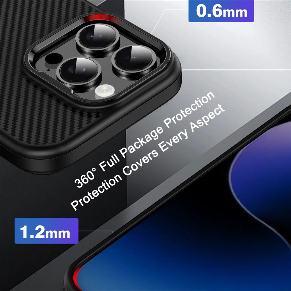 IPAKY For iPhone 16 Pro TPU Case Carbon Fiber Texture Phone Cover Metal Lens Frame - Black - 4