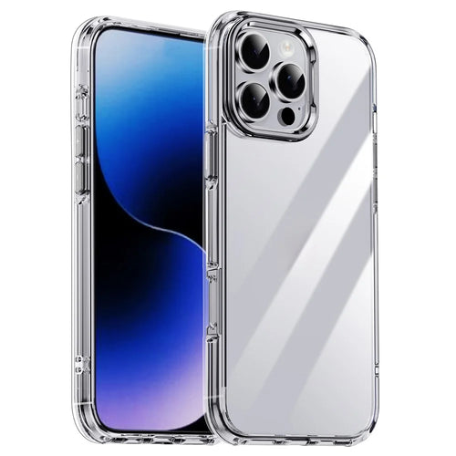IPAKY For iPhone 16 Pro Clear Case Metal Lens Frame Shockproof TPU Phone Cover - Silver - 1