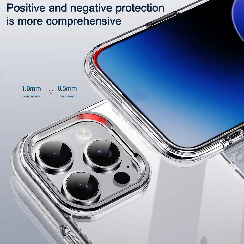 IPAKY For iPhone 16 Pro Clear Case Metal Lens Frame Shockproof TPU Phone Cover - Silver - 4