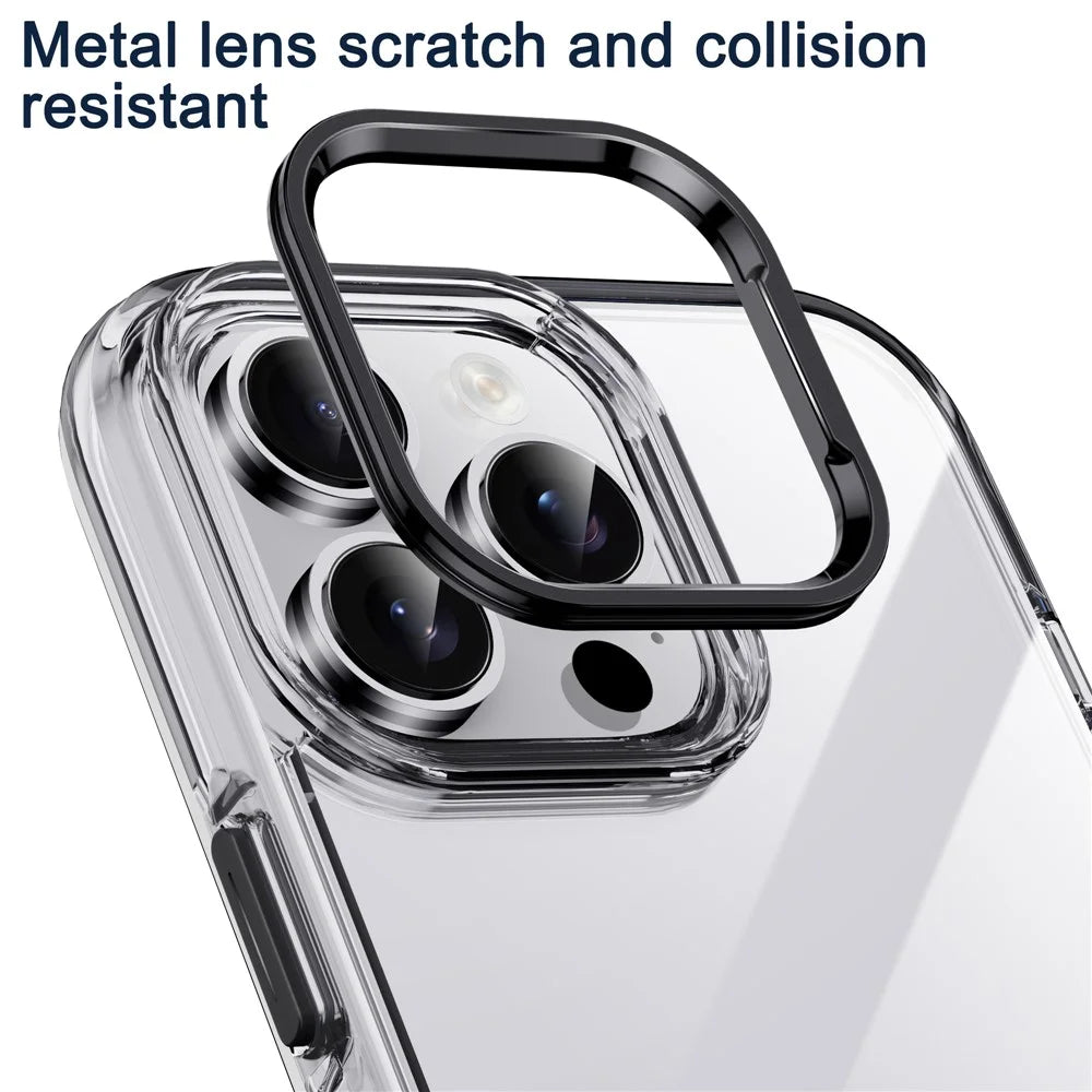 IPAKY For iPhone 16 Pro Clear Case Metal Lens Frame Shockproof TPU Phone Cover - Silver - 5