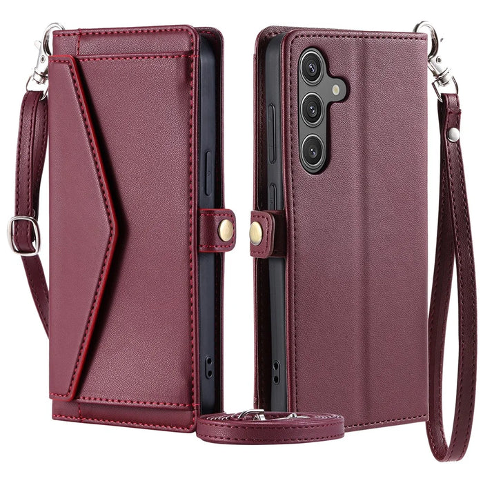 For Samsung Galaxy S24 FE Leather Case Wallet Stand Phone Cover with Straps - Wine Red - 1