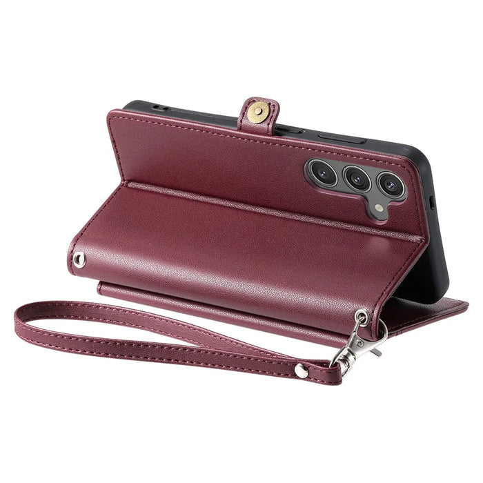 For Samsung Galaxy S24 FE Leather Case Wallet Stand Phone Cover with Straps - Wine Red - 3