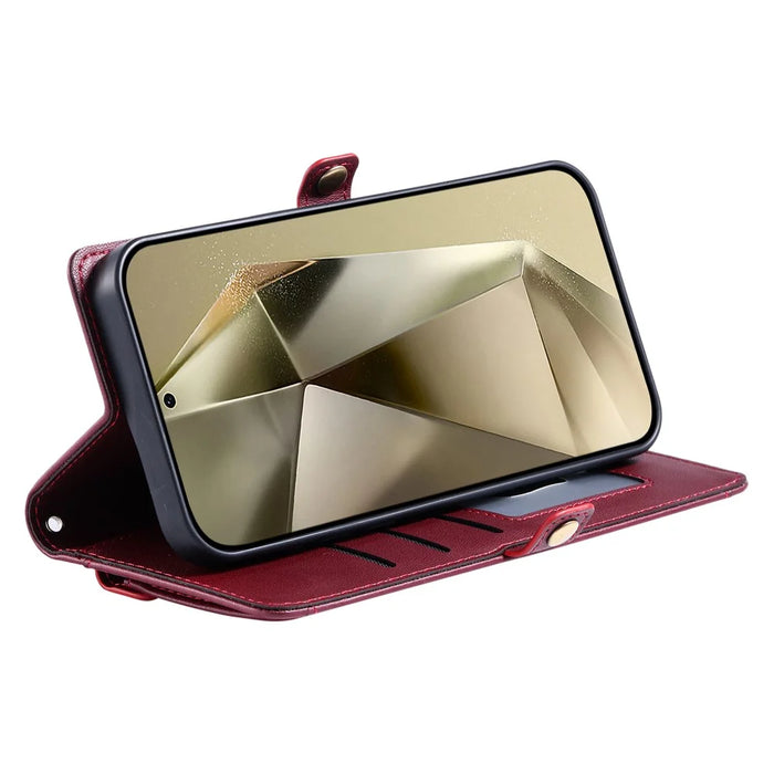 For Samsung Galaxy S24 FE Leather Case Wallet Stand Phone Cover with Straps - Wine Red - 4