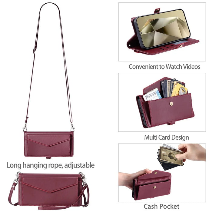 For Samsung Galaxy S24 FE Leather Case Wallet Stand Phone Cover with Straps - Wine Red - 5