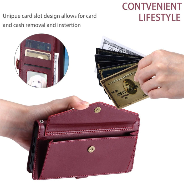 For Samsung Galaxy S24 FE Leather Case Wallet Stand Phone Cover with Straps - Wine Red - 7