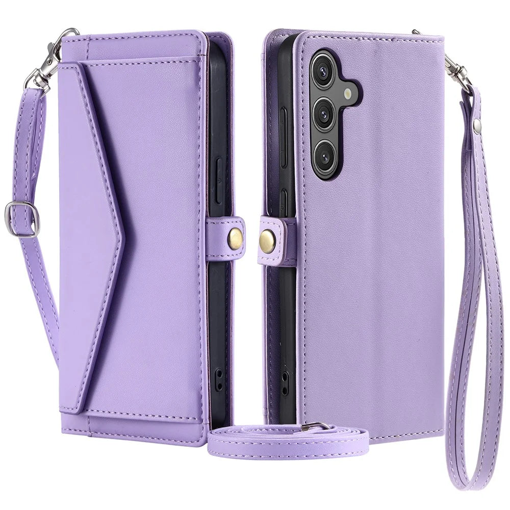 For Samsung Galaxy A55 5G Leather Case Wallet Stand Phone Cover with Straps - Purple - 1