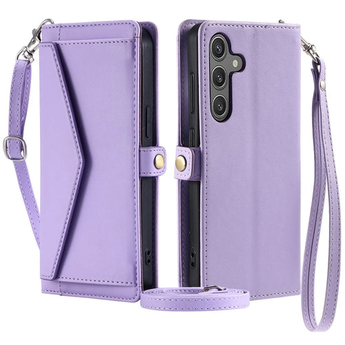 For Samsung Galaxy A55 5G Leather Case Wallet Stand Phone Cover with Straps - Purple - 1