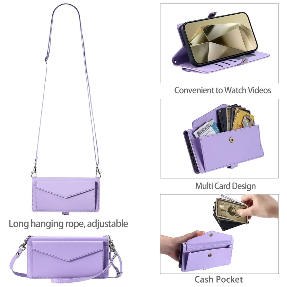 For Samsung Galaxy A55 5G Leather Case Wallet Stand Phone Cover with Straps - Purple - 5