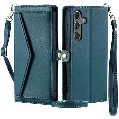 For Samsung Galaxy A34 5G Leather Case Wallet Stand Phone Cover with Straps - Blackish Green - 1