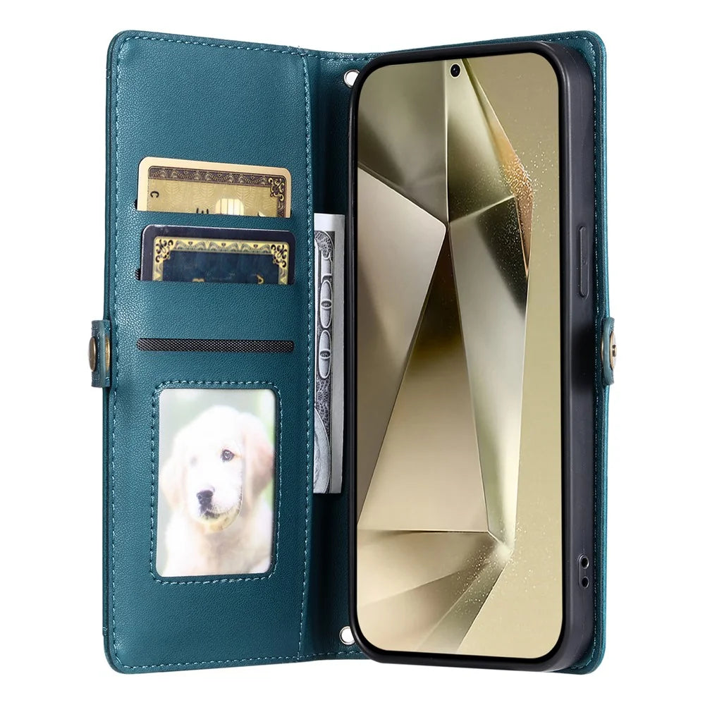 For Samsung Galaxy A16 5G / A16 4G Leather Case Wallet Stand Phone Cover with Straps - Blackish Green - 2