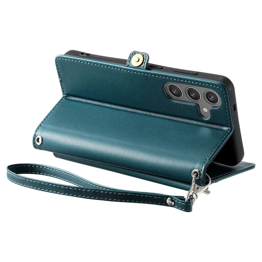 For Samsung Galaxy A16 5G / A16 4G Leather Case Wallet Stand Phone Cover with Straps - Blackish Green - 3