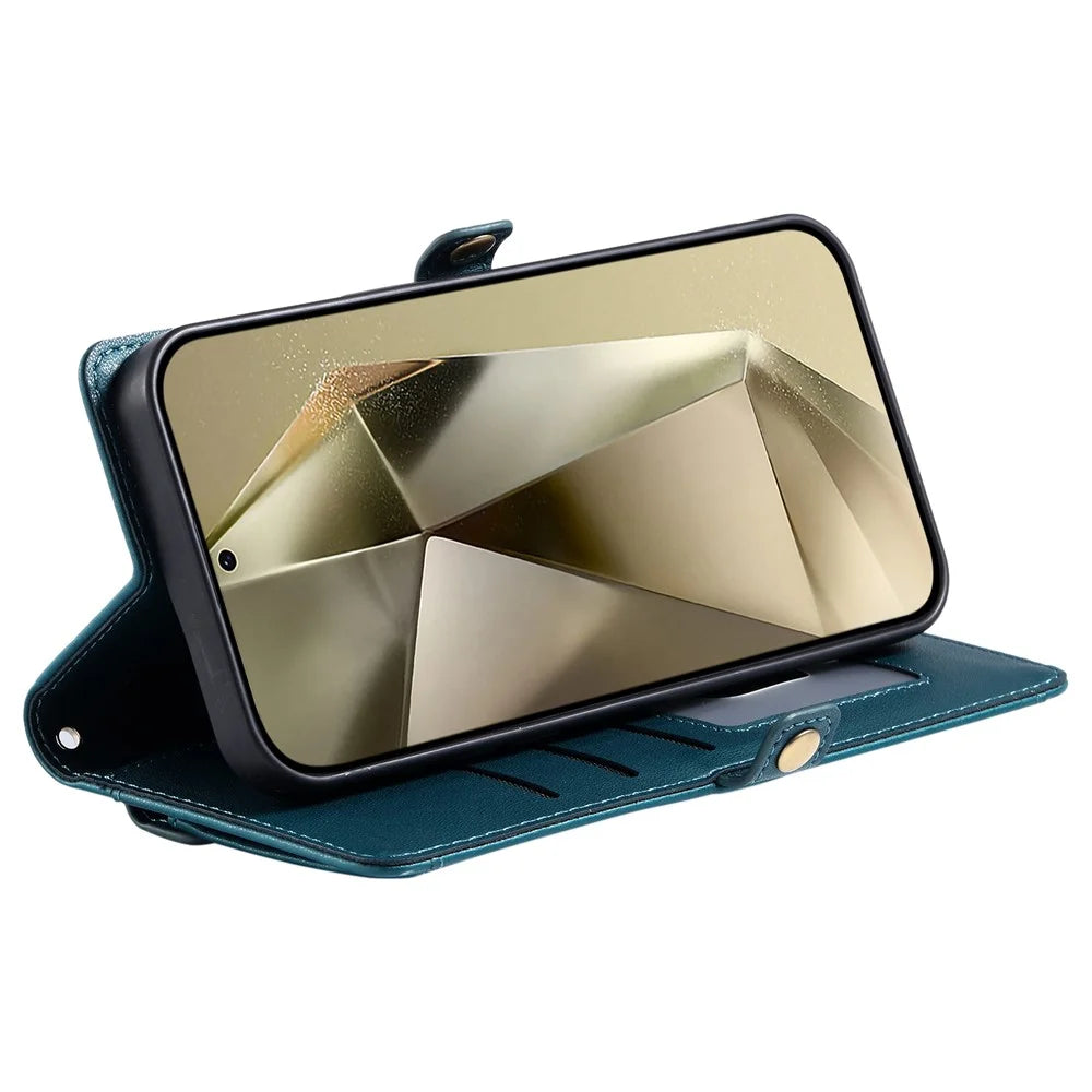 For Samsung Galaxy A16 5G / A16 4G Leather Case Wallet Stand Phone Cover with Straps - Blackish Green - 4