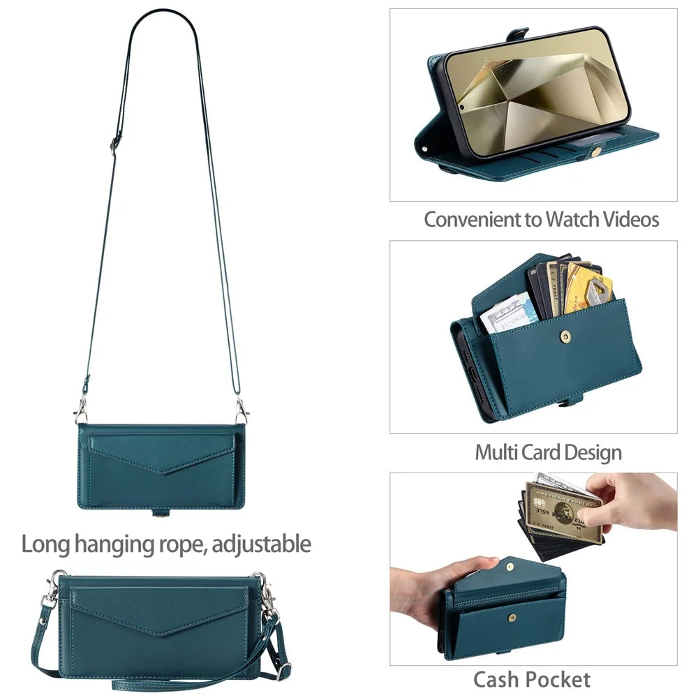 For Samsung Galaxy A16 5G / A16 4G Leather Case Wallet Stand Phone Cover with Straps - Blackish Green - 5