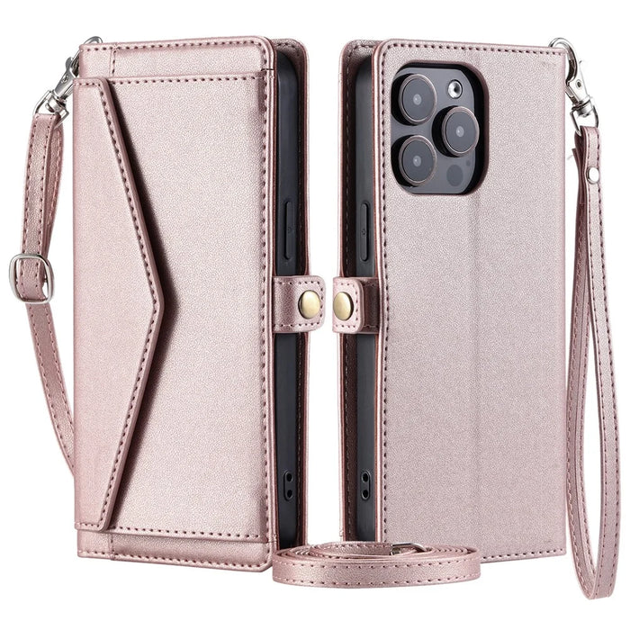 For iPhone 16 Pro Max Leather Case Wallet Stand Phone Cover with Straps - Rose Gold - 1