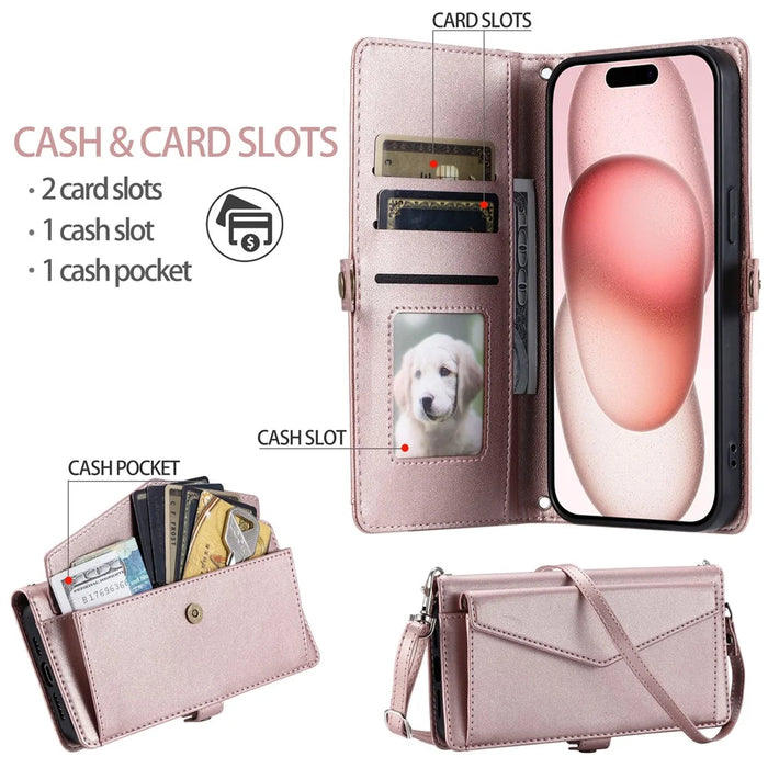 For iPhone 16 Pro Max Leather Case Wallet Stand Phone Cover with Straps - Rose Gold - 7
