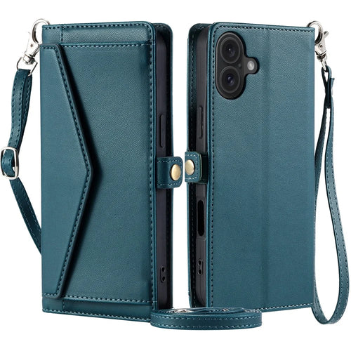 For iPhone 16 Plus Leather Case Wallet Stand Phone Cover with Straps - Blackish Green - 1