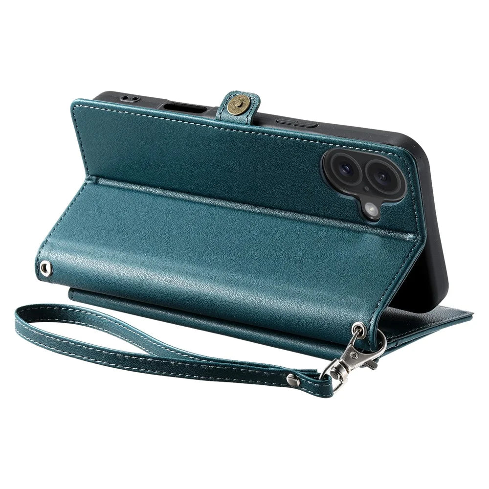 For iPhone 16 Plus Leather Case Wallet Stand Phone Cover with Straps - Blackish Green - 4