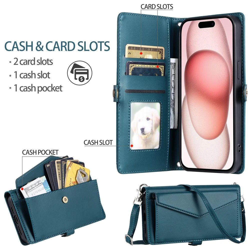 For iPhone 16 Plus Leather Case Wallet Stand Phone Cover with Straps - Blackish Green - 7
