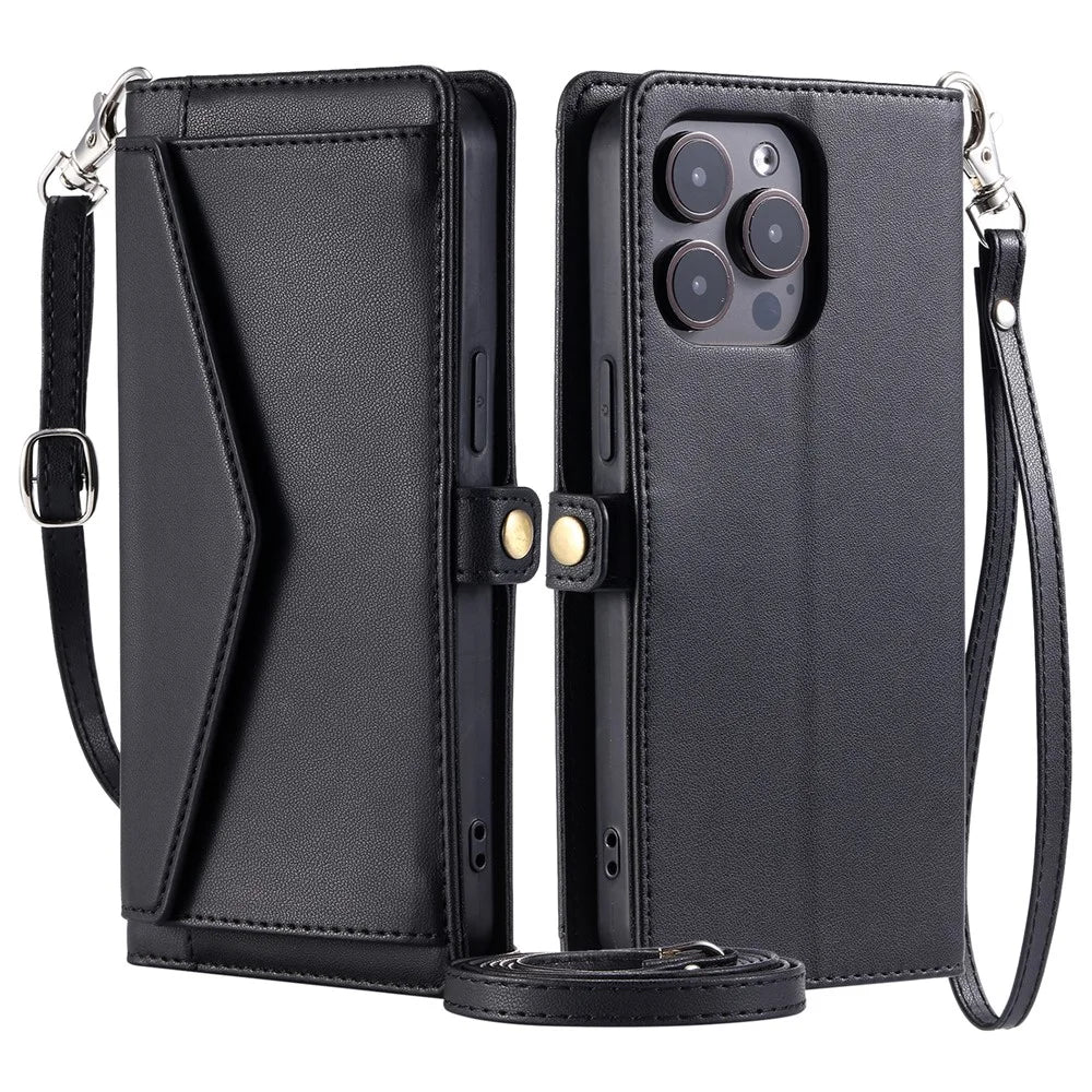 For iPhone 16 Pro Leather Case Wallet Stand Phone Cover with Straps - Black - 1