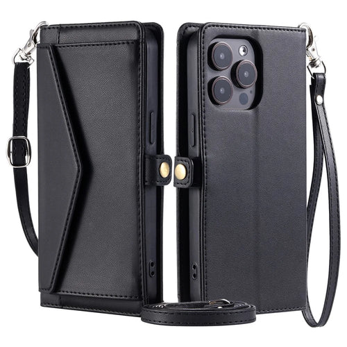 For iPhone 16 Pro Leather Case Wallet Stand Phone Cover with Straps - Black - 1