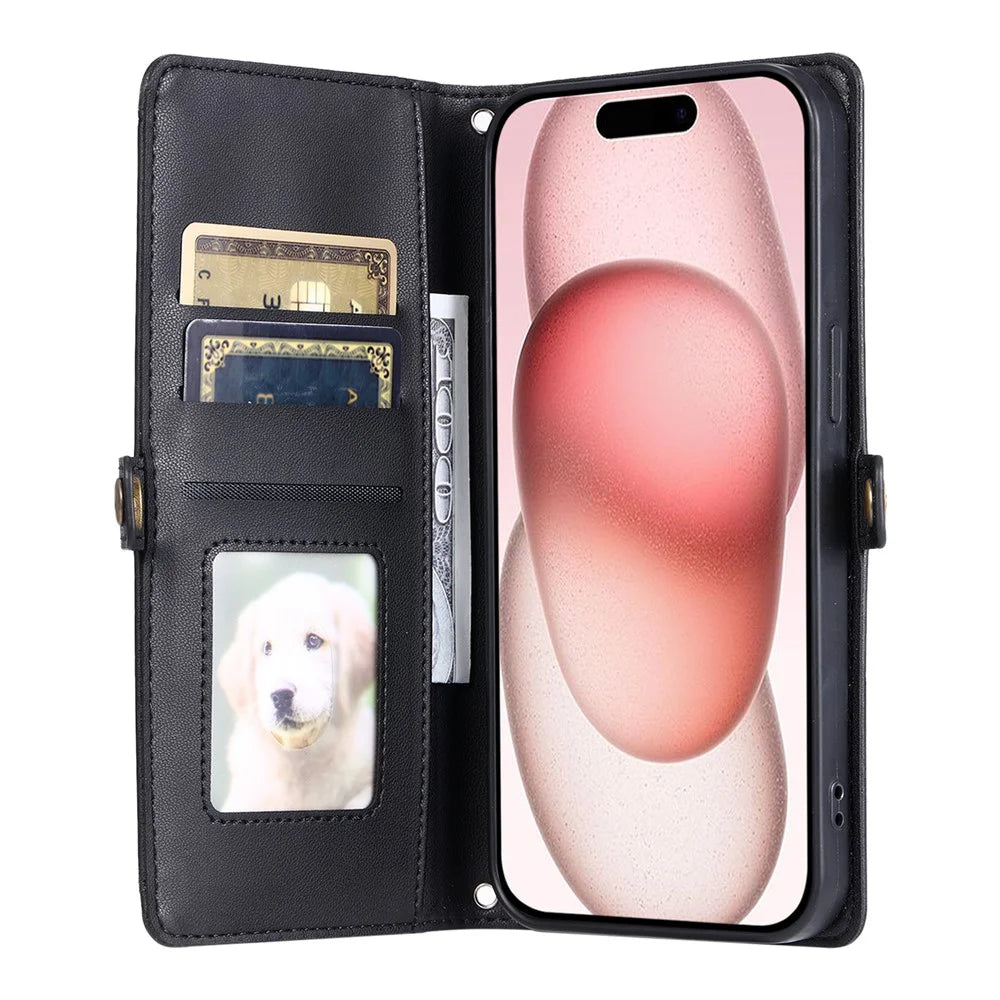 For iPhone 16 Pro Leather Case Wallet Stand Phone Cover with Straps - Black - 2