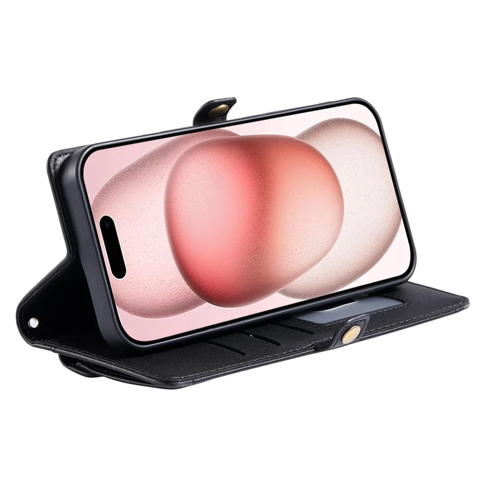 For iPhone 16 Pro Leather Case Wallet Stand Phone Cover with Straps - Black - 3