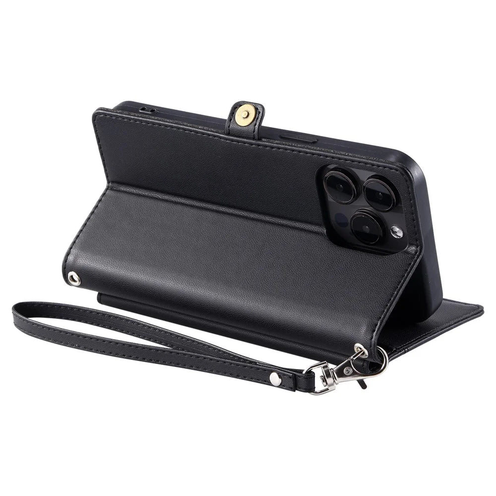 For iPhone 16 Pro Leather Case Wallet Stand Phone Cover with Straps - Black - 4