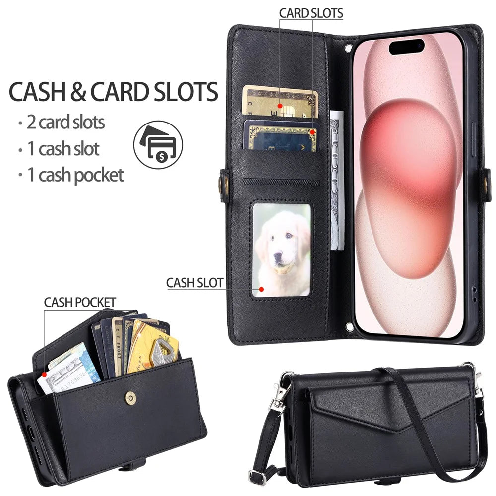 For iPhone 16 Pro Leather Case Wallet Stand Phone Cover with Straps - Black - 7