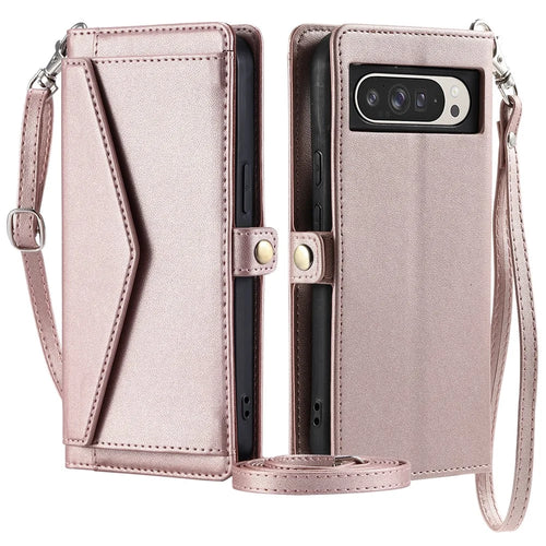 For Google Pixel 9 Pro XL Leather Case Wallet Stand Phone Cover with Straps - Rose Gold - 1