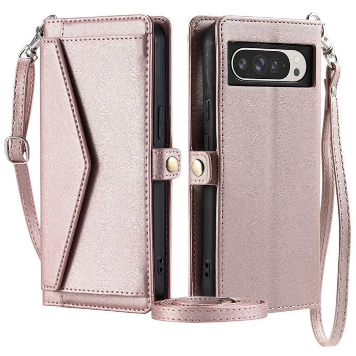 For Google Pixel 9 Pro XL Leather Case Wallet Stand Phone Cover with Straps - Rose Gold - 1