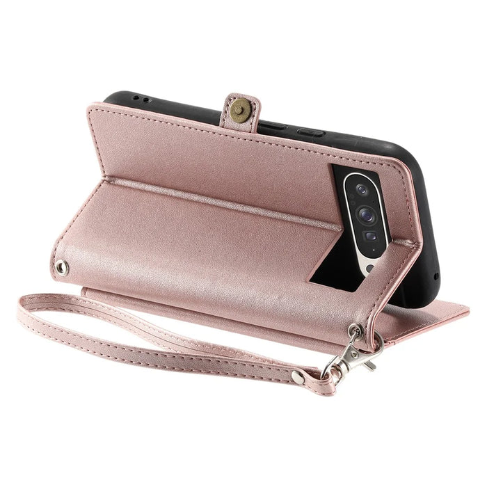 For Google Pixel 9 Pro XL Leather Case Wallet Stand Phone Cover with Straps - Rose Gold - 3