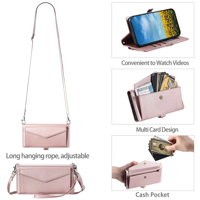 For Google Pixel 9 Pro XL Leather Case Wallet Stand Phone Cover with Straps - Rose Gold - 5